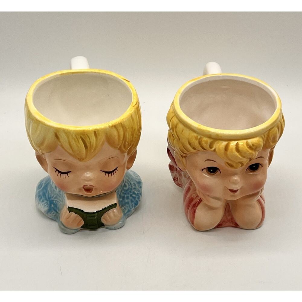 Set 2 Vintage Lefton Little Miss Dainty Angel & Boy Dainty Mug Cup 4280 Japan